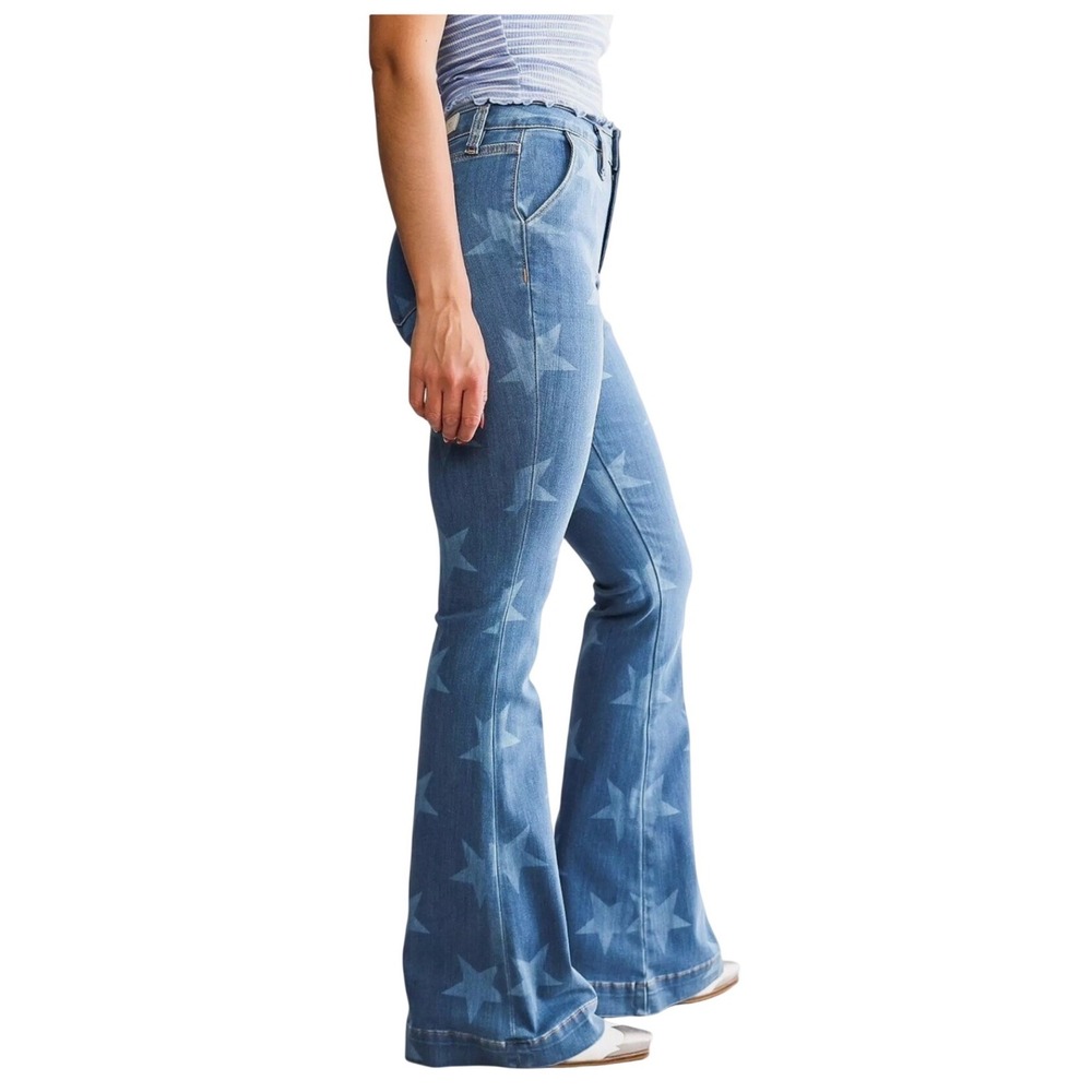 Miss Me Star Print High Rise Flare Jeans Blue Denim H3874F Size 27